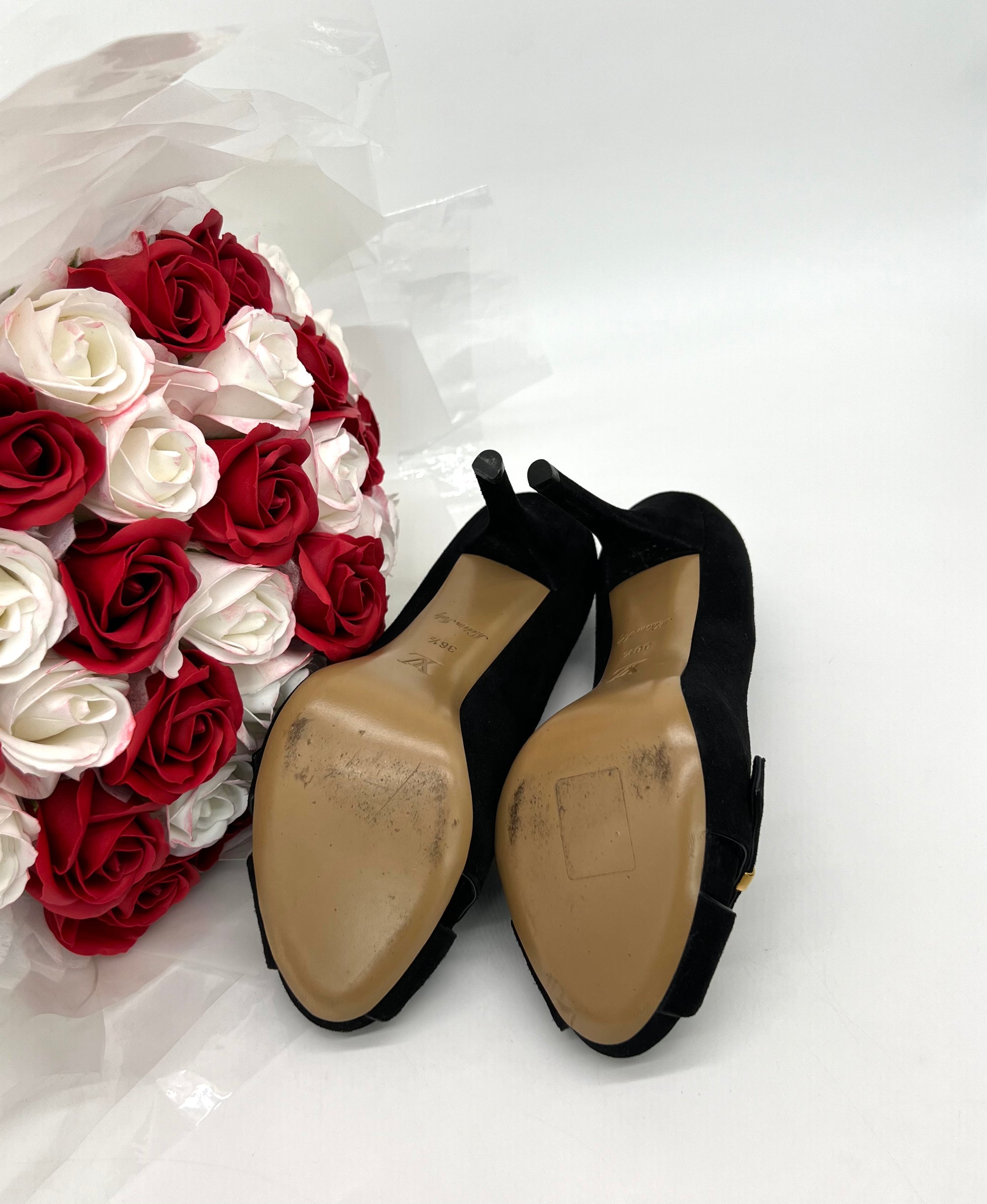 Louis Vuitton Black Nubuck Peep Toe Pumps Gold Logo Size 36 1/2 - Reeluxs 