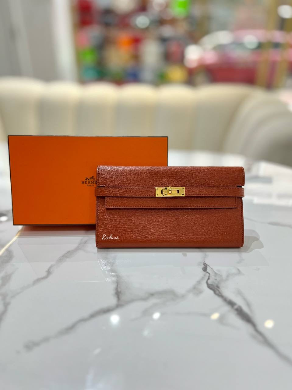 HERMES Kelly Wallet To Go Orange Epsom Gold Hardware