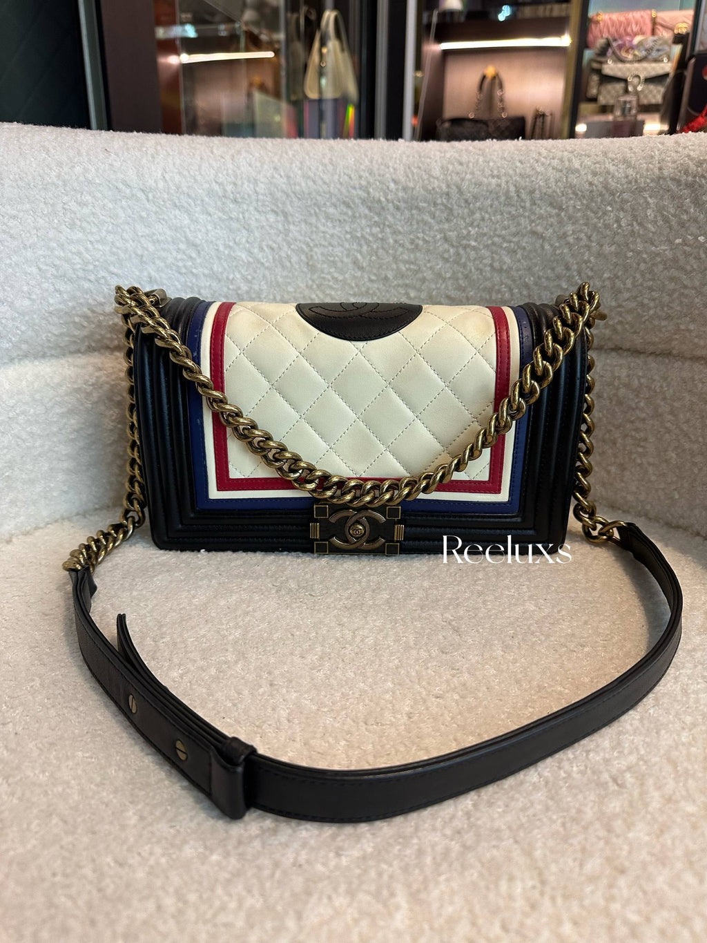 Chanel Boy Coco Mark Chain Shoulder Bag Black Red Blue Cream