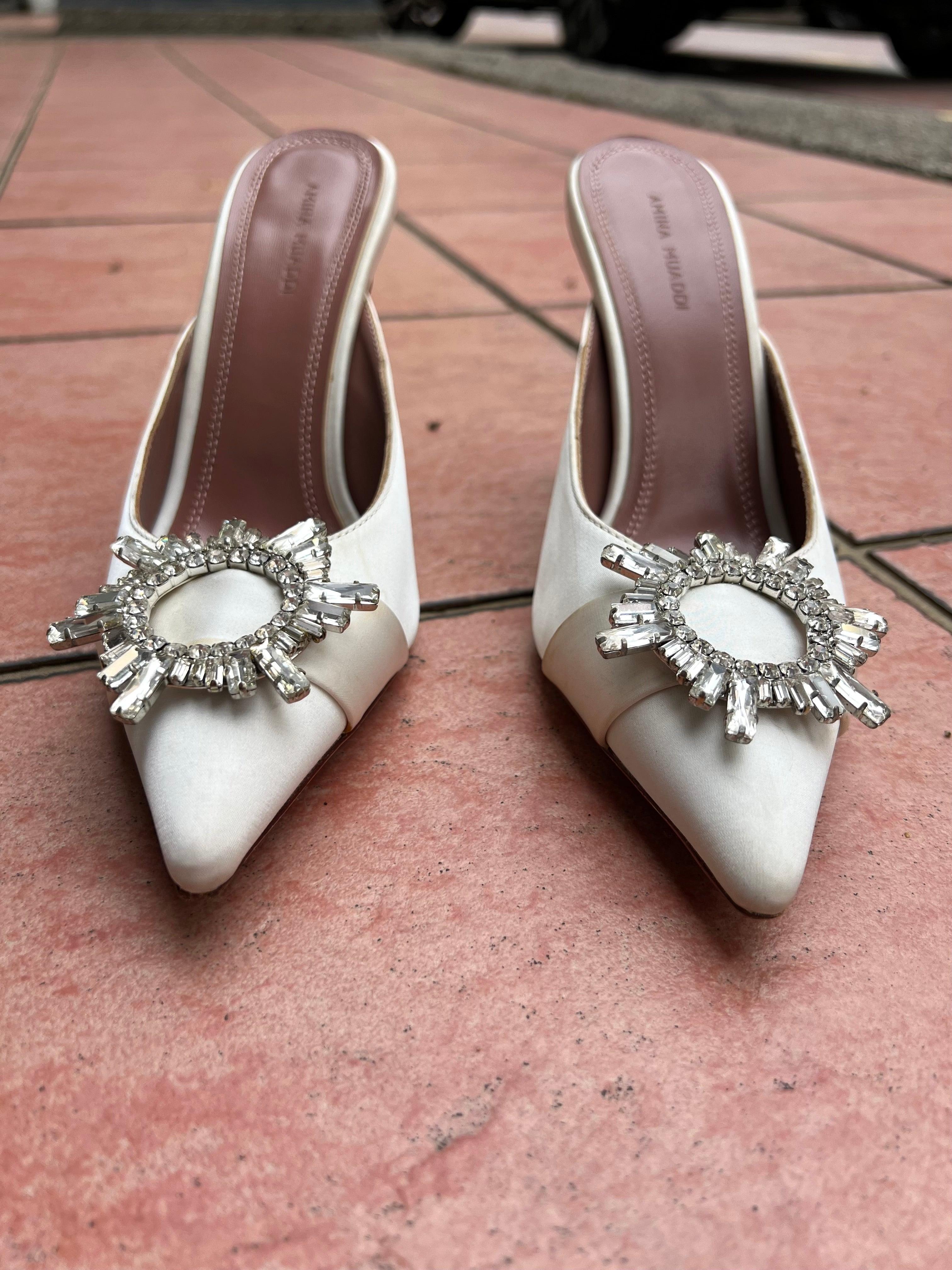 Amina Muaddi White Satin Begum Crystal Embellished Pointed Toe Pumps Size 37 - Reeluxs 