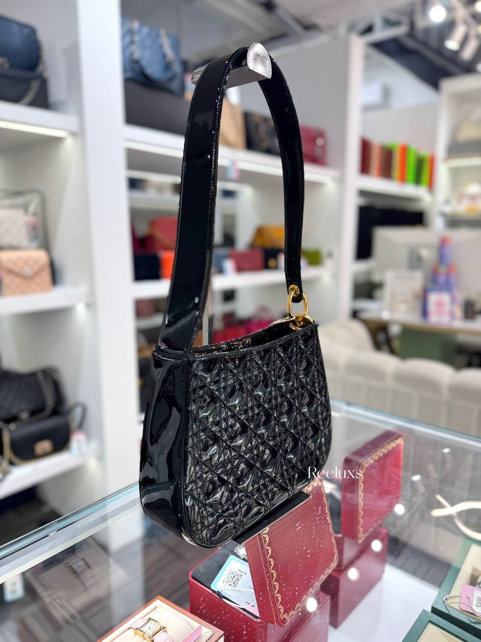 CHRISTIAN DIOR Cannage Black Patent Leather Shoulder Bag