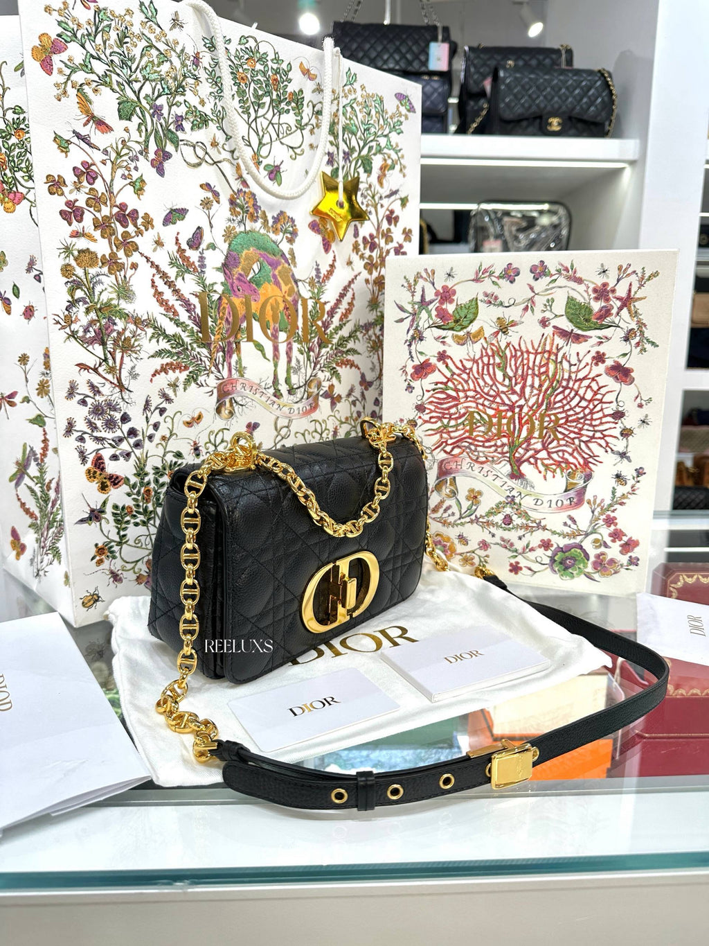 Christian Dior Black Supple Cannage Calfskin Caro Bag Full Set