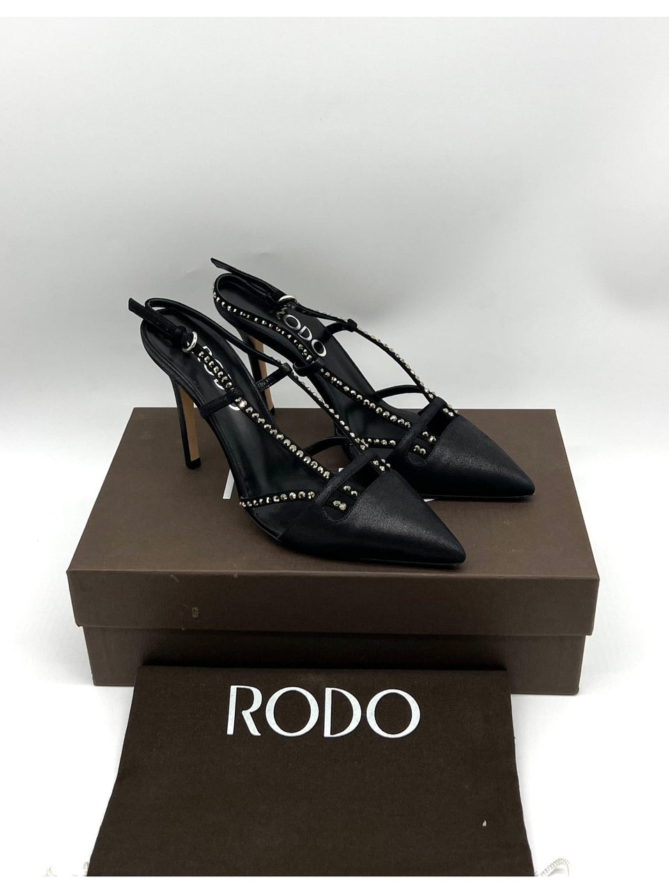 RODO Black Satin Sling Back Kitten Heels - Reeluxs 
