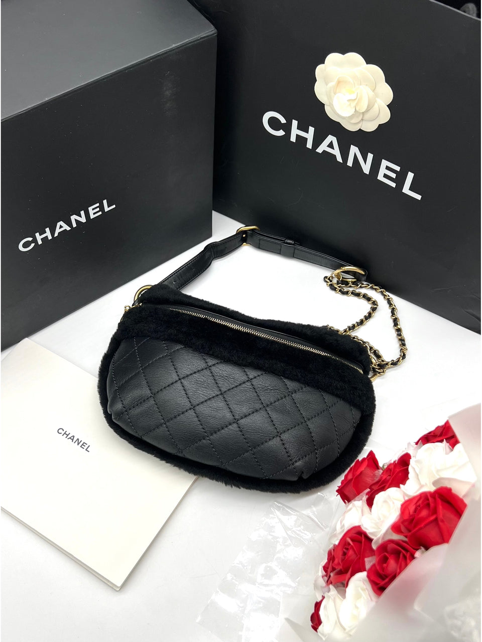 CHANEL Calfskin Fur Quilted Waist Bag Fanny Pack Black - Reeluxs 