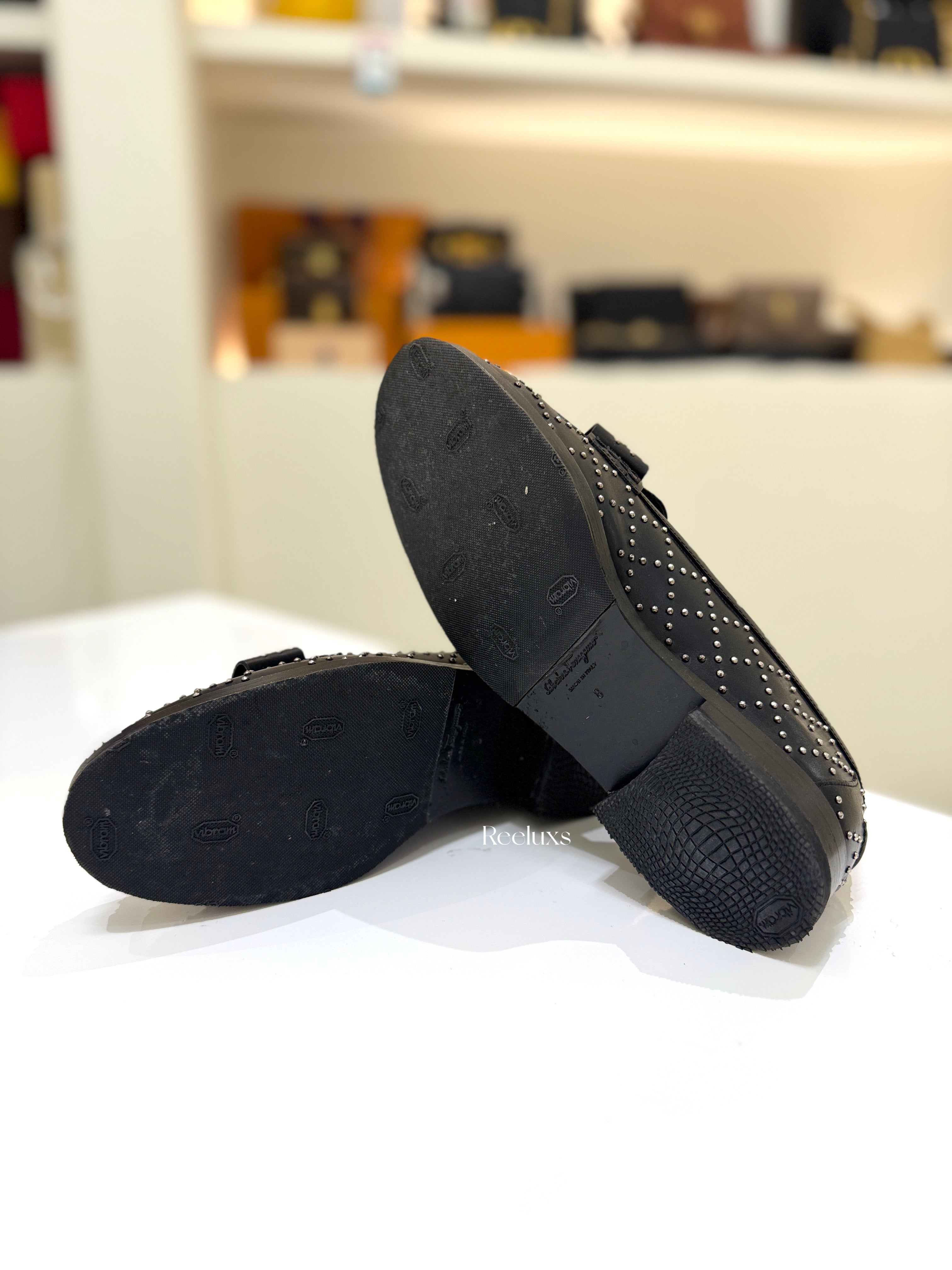 FERRAGAMO Viva Studded Loafers in Black Calf Leather