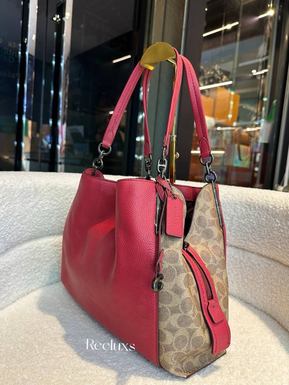 COACH Dalton 31 With Signature Canvas Blocking Tan Red Apple Shoulder Bag