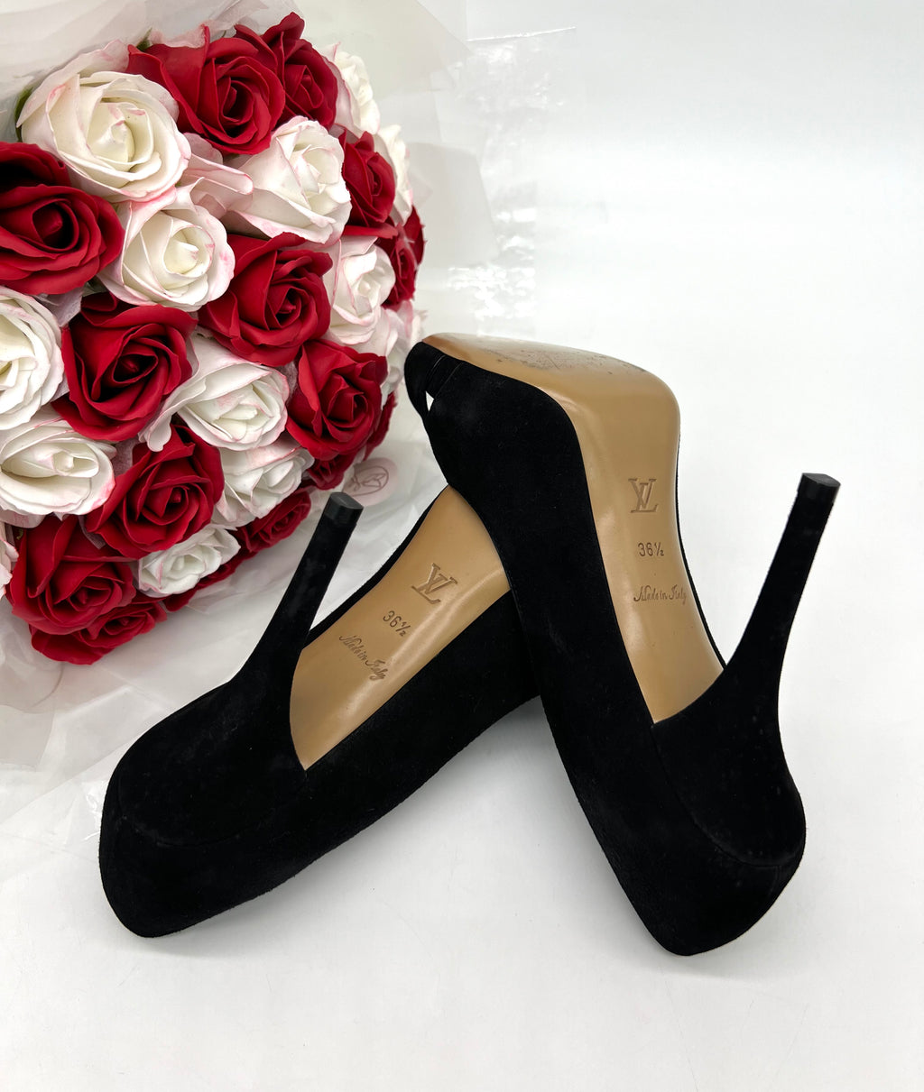 Louis Vuitton Black Nubuck Peep Toe Pumps Gold Logo Size 36 1/2 - Reeluxs 