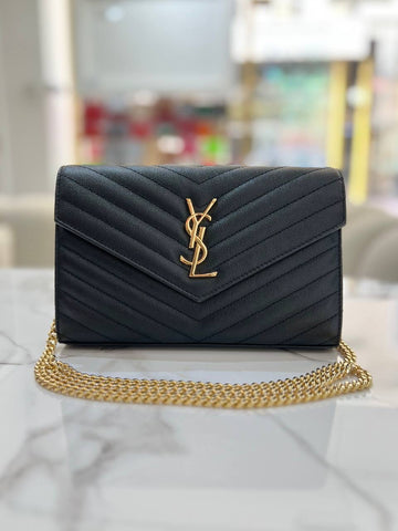 YVES SAINT LAURENT YSL Cassandre Matelasse Envelope GHW Wallet On Chain WOC In Black