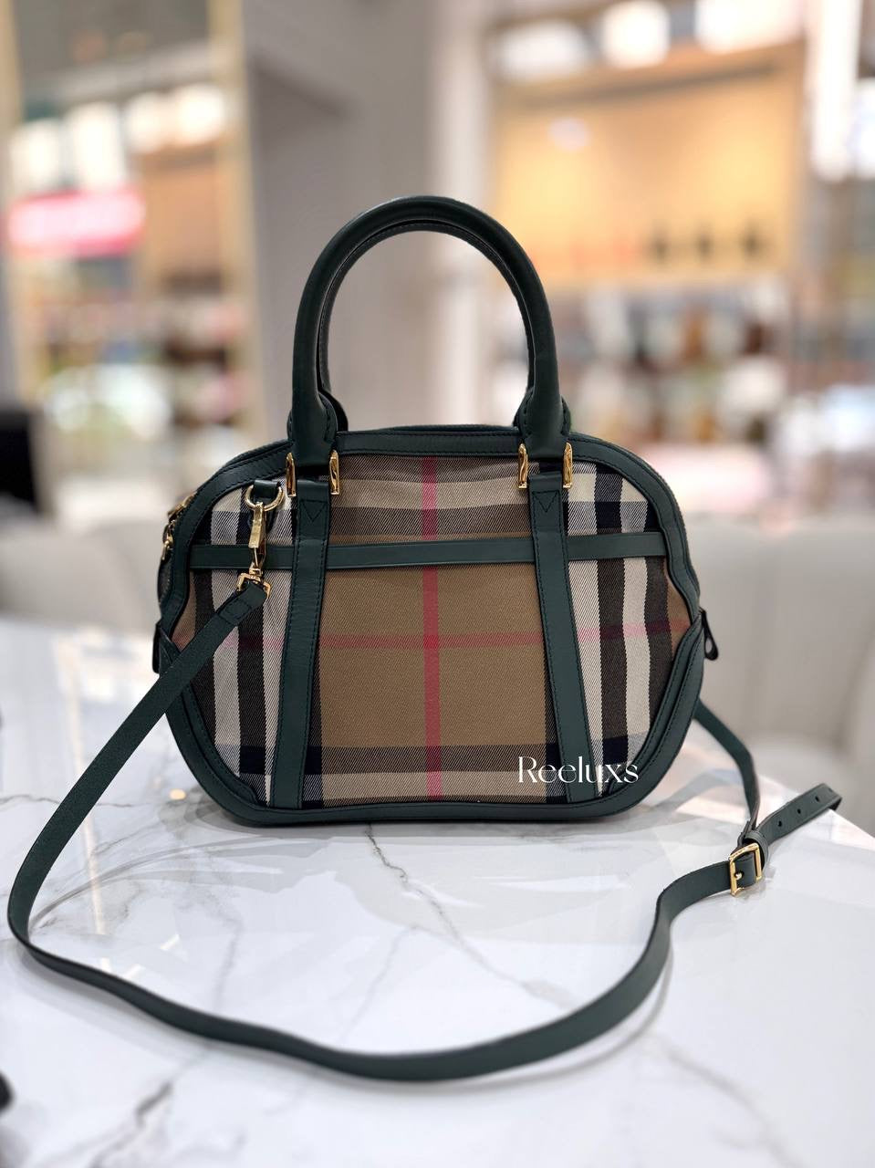 BURBERRY Green/Beige House Check Fabric and Leather Orchard Bowler Bag