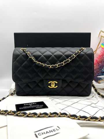 CHANEL Black Caviar Leather Jumbo Classic Double Flap Bag For Women Shoulder Bag - Reeluxs 