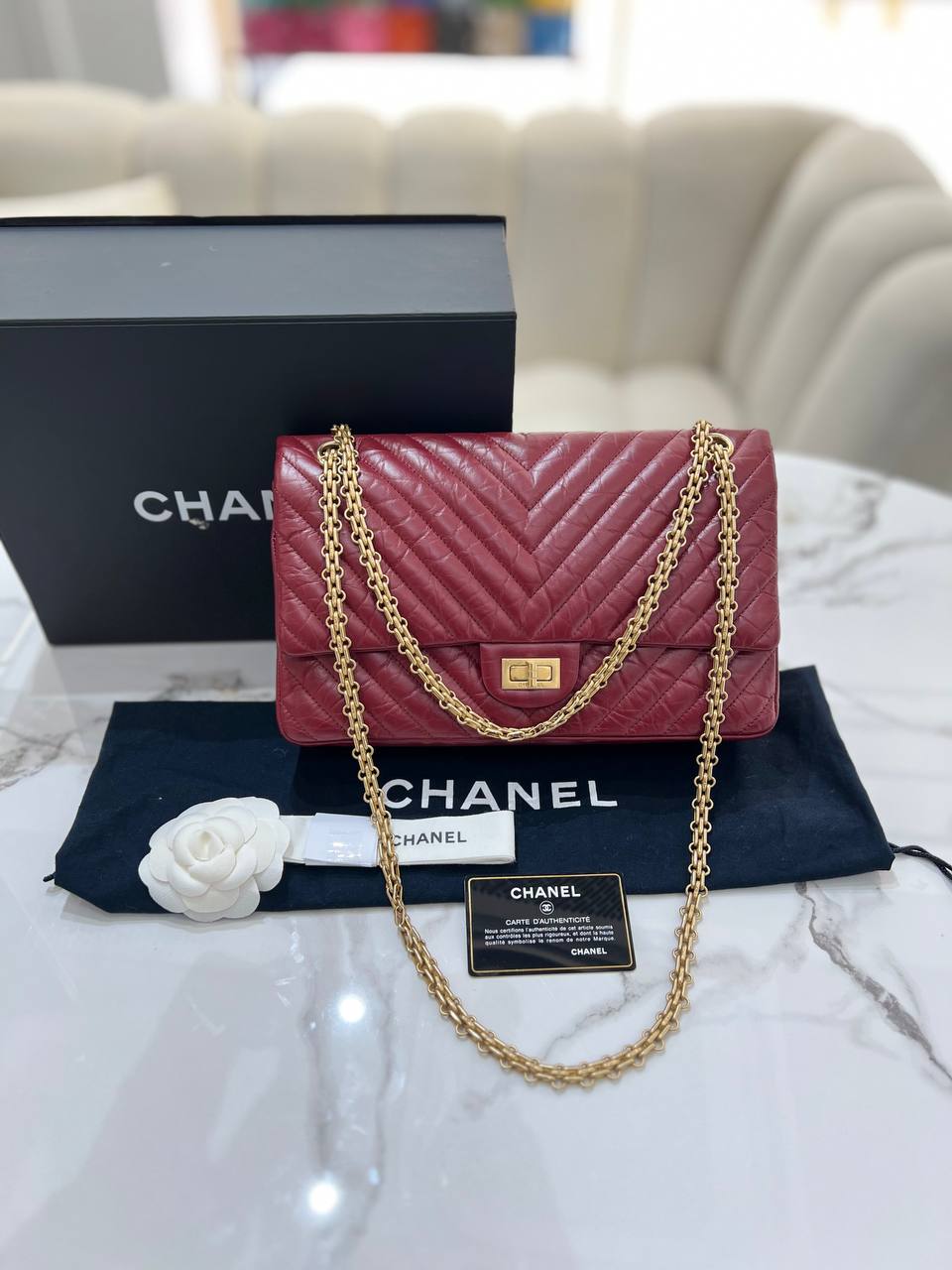 FULL SET CHANEL Chevron Reissue 255 Red Calfskin Double Flap Shoulder Bag GHW