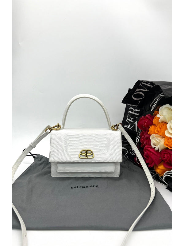 BALENCIAGA White Lizard Embossed Leather Sharp Top Handle Bag - Reeluxs 