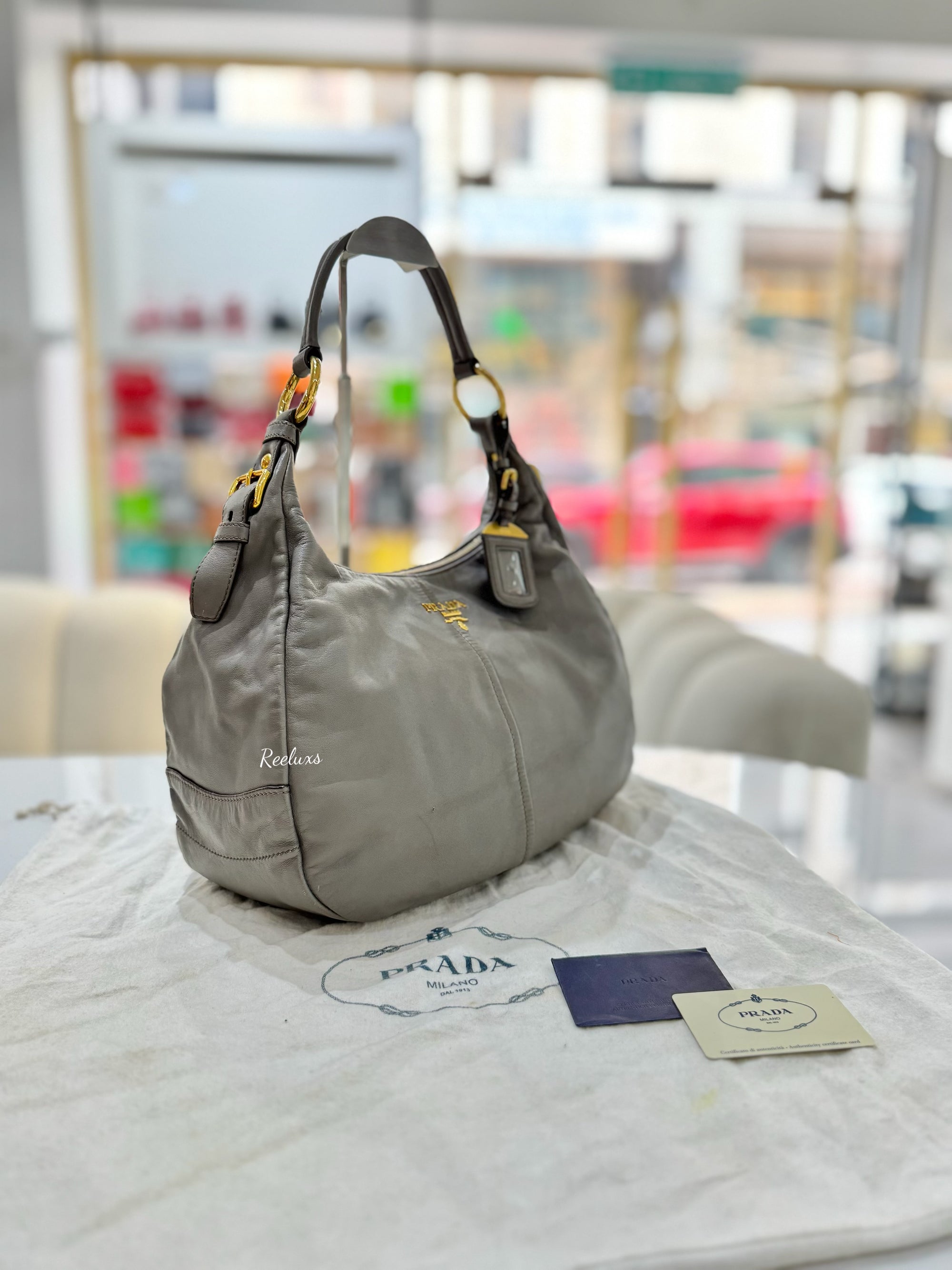 PRADA Gray Vitello Danio Hobo Bag
