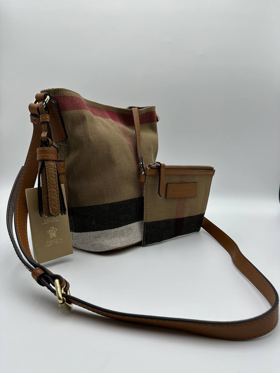 BURBERRY Canvas Mega Check Mini Ashby Hobo Saddle Bag Brown/Beige