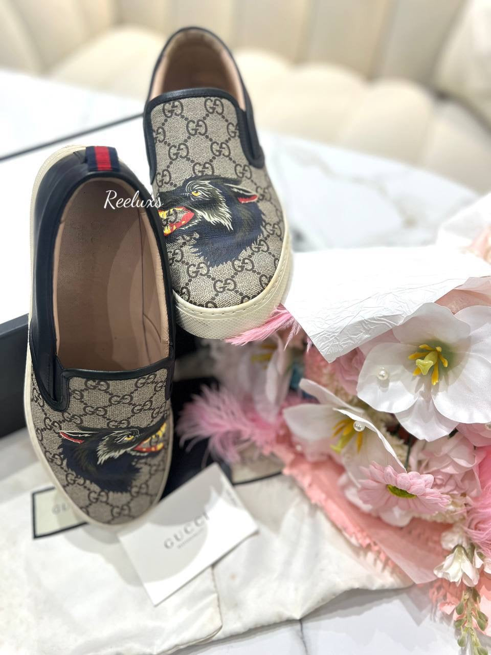 GUCCI Superme Wolf Slip - On Sneakers Black / Brown Canvas