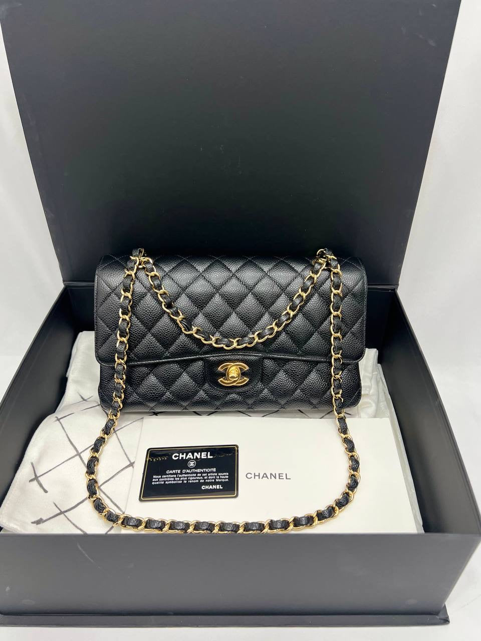 FULL SET CHANEL Medium Caviar Black Classic Matelasse Doubble Flap Gold Hardware Chain Shoulder Bag