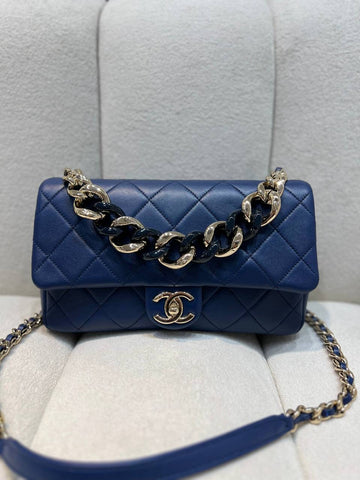 FULL SET CHANEL Resin Elegant Chain Flap Bag Quilted Lambskin Blue