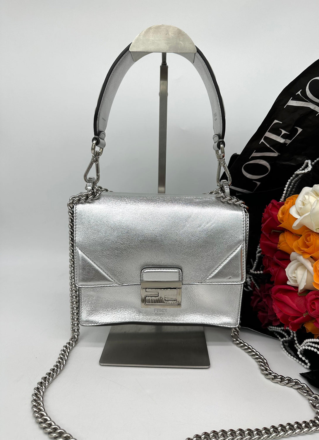 FENDI Kan U Chain Sling Bag Silver Leather For Women Bag - Reeluxs 