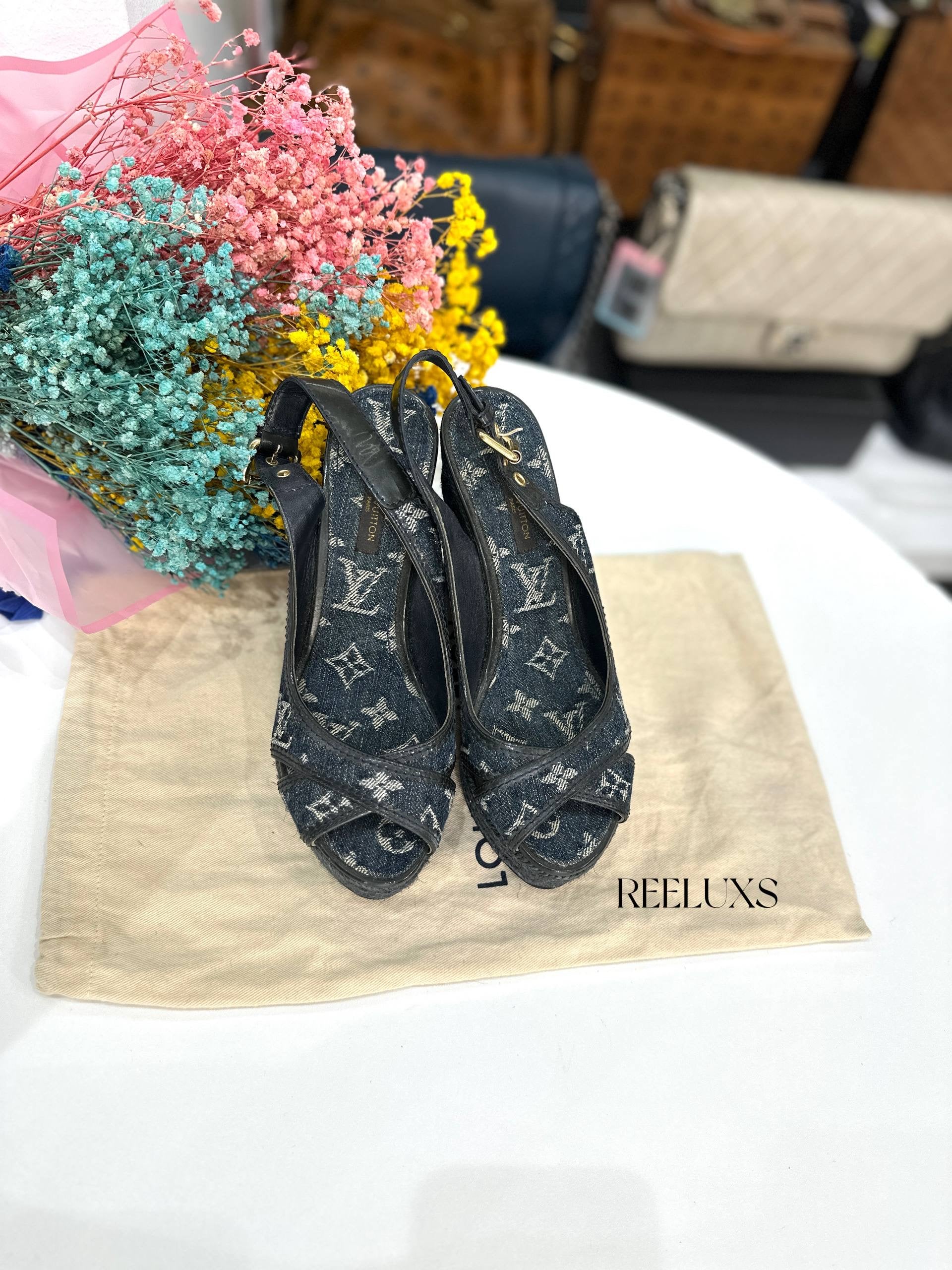 Louis Vuitton Monogram Denim Wedge Slingback Sandal