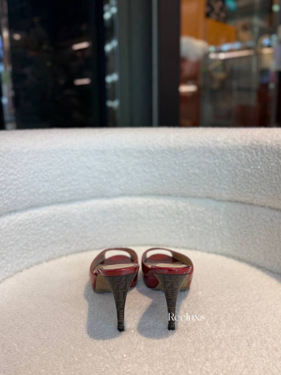 Fendi Burgundy Patent Leather FF Superstar Peep Toe Mule Slides