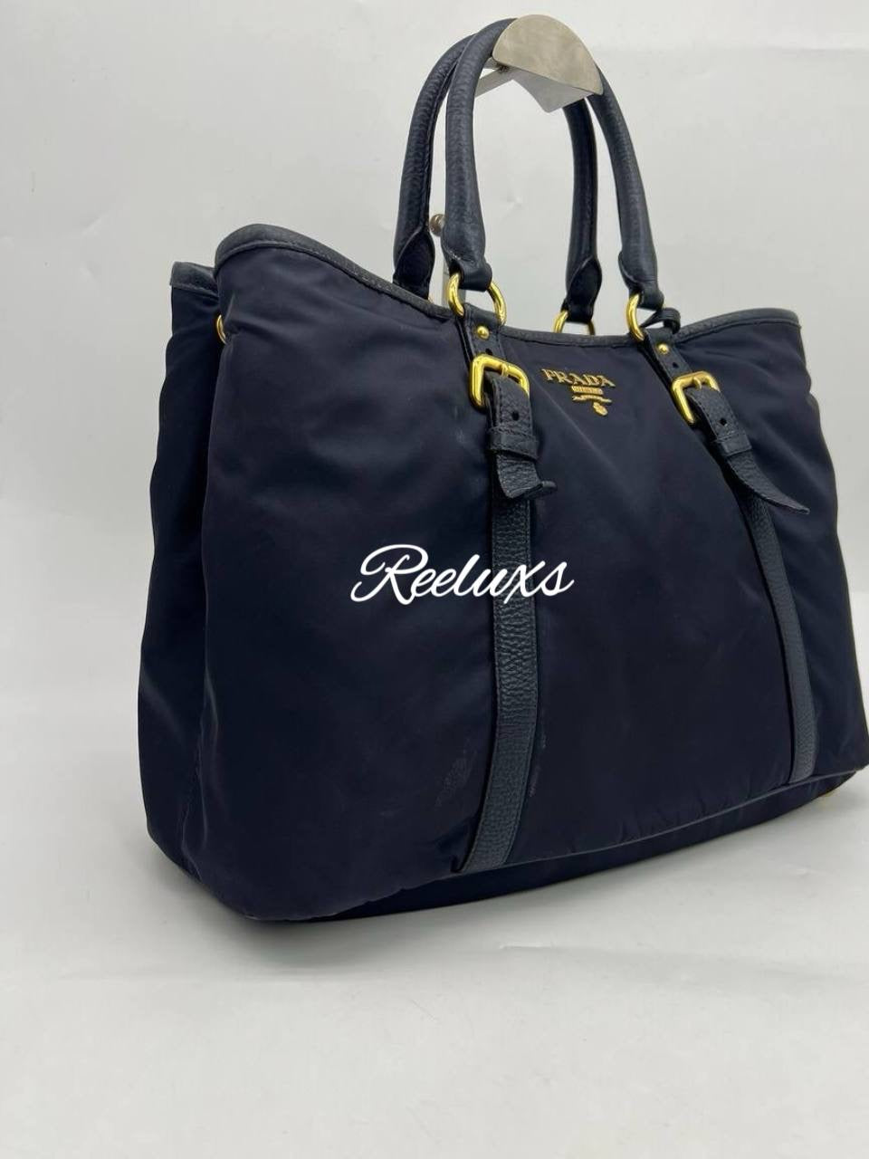 PRADA 2Way Bag Handbag Navy Nylon Leather