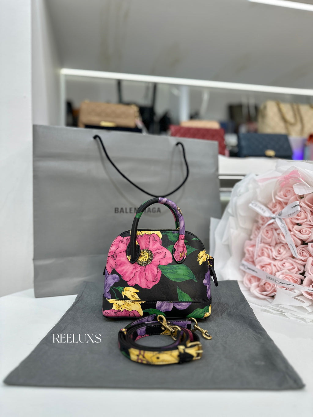 Balenciaga Ville  Multi-Color Lush Floral Print Top Handle Bag