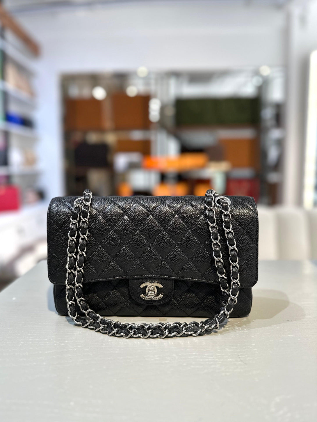 CHANEL Medium 25cm Classical Double Flap Caviar Black SHW - Reeluxs 