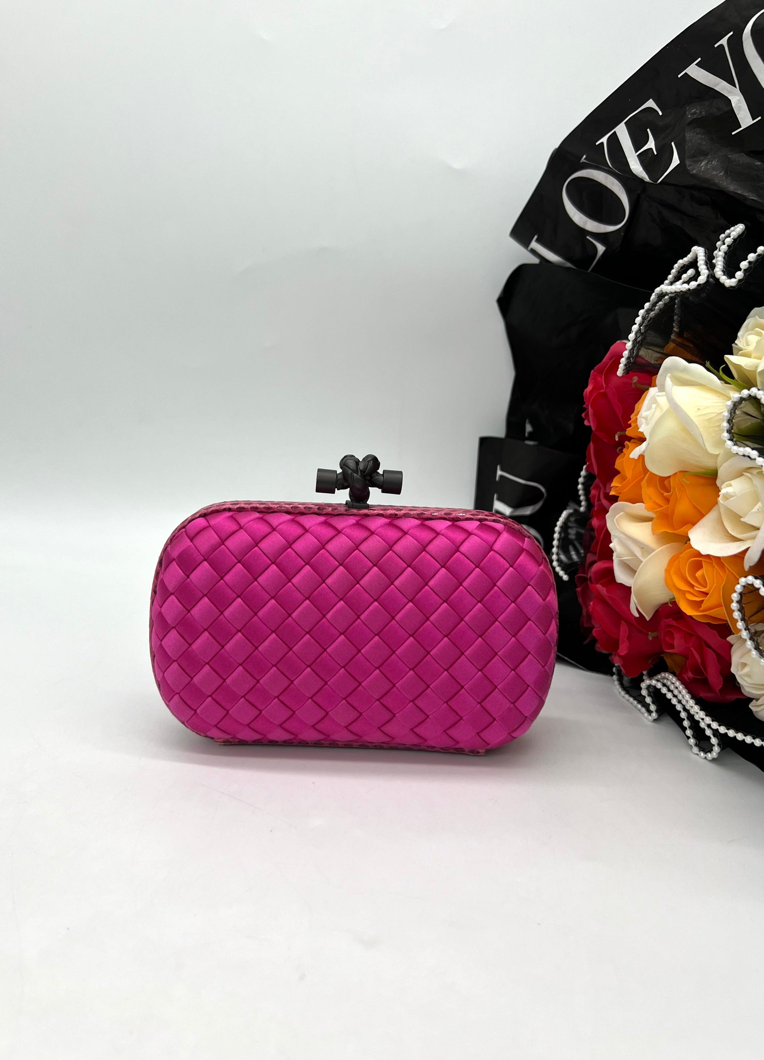 BOTTEGA VENETA Intrecciato Knot Clutch in Fuchsia Silk - Reeluxs 