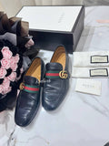 GUCCI Black Leather Marmont GG Loafers