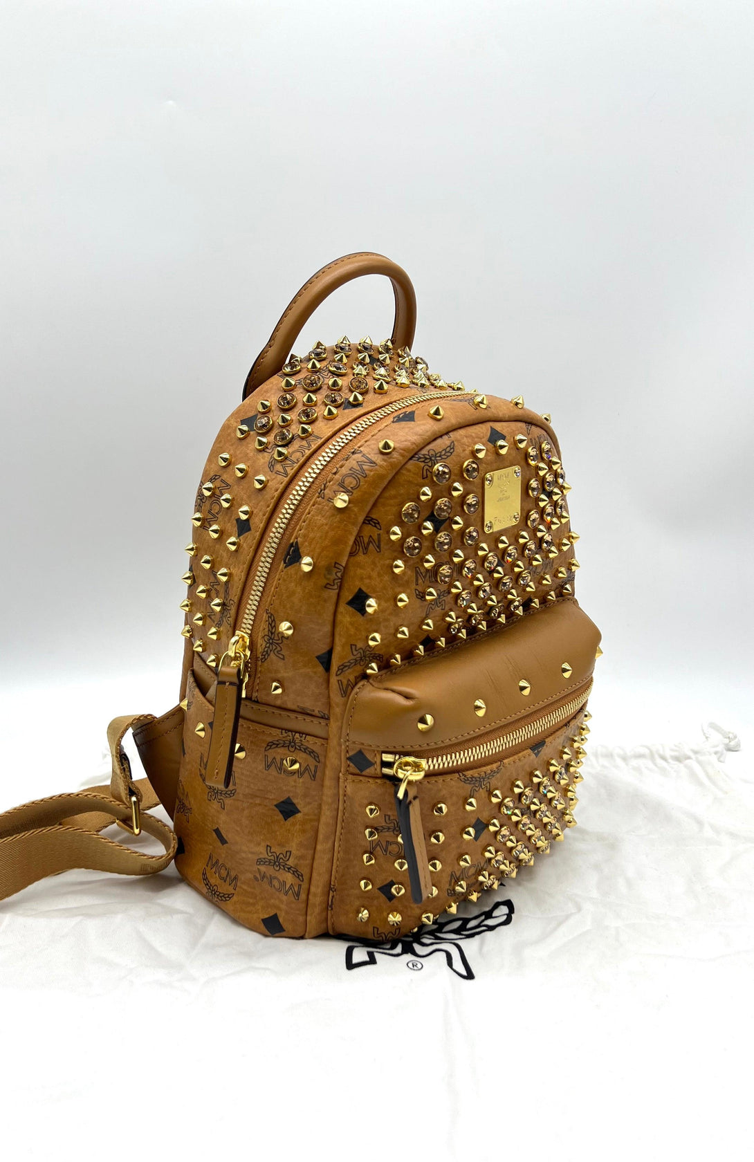 MCM Visetos Swarovski Mini Stark Diamond Backpack Cognac - Reeluxs 