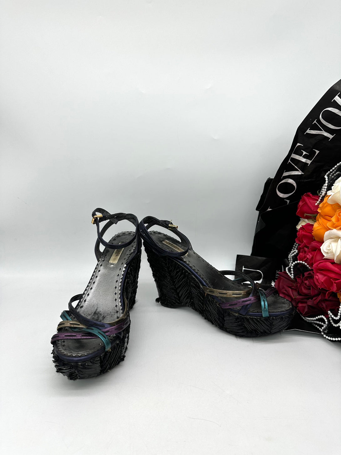 PRADA Metallic Multicolor Leather Strappy Platform Sandals Size 381/2 - Reeluxs 