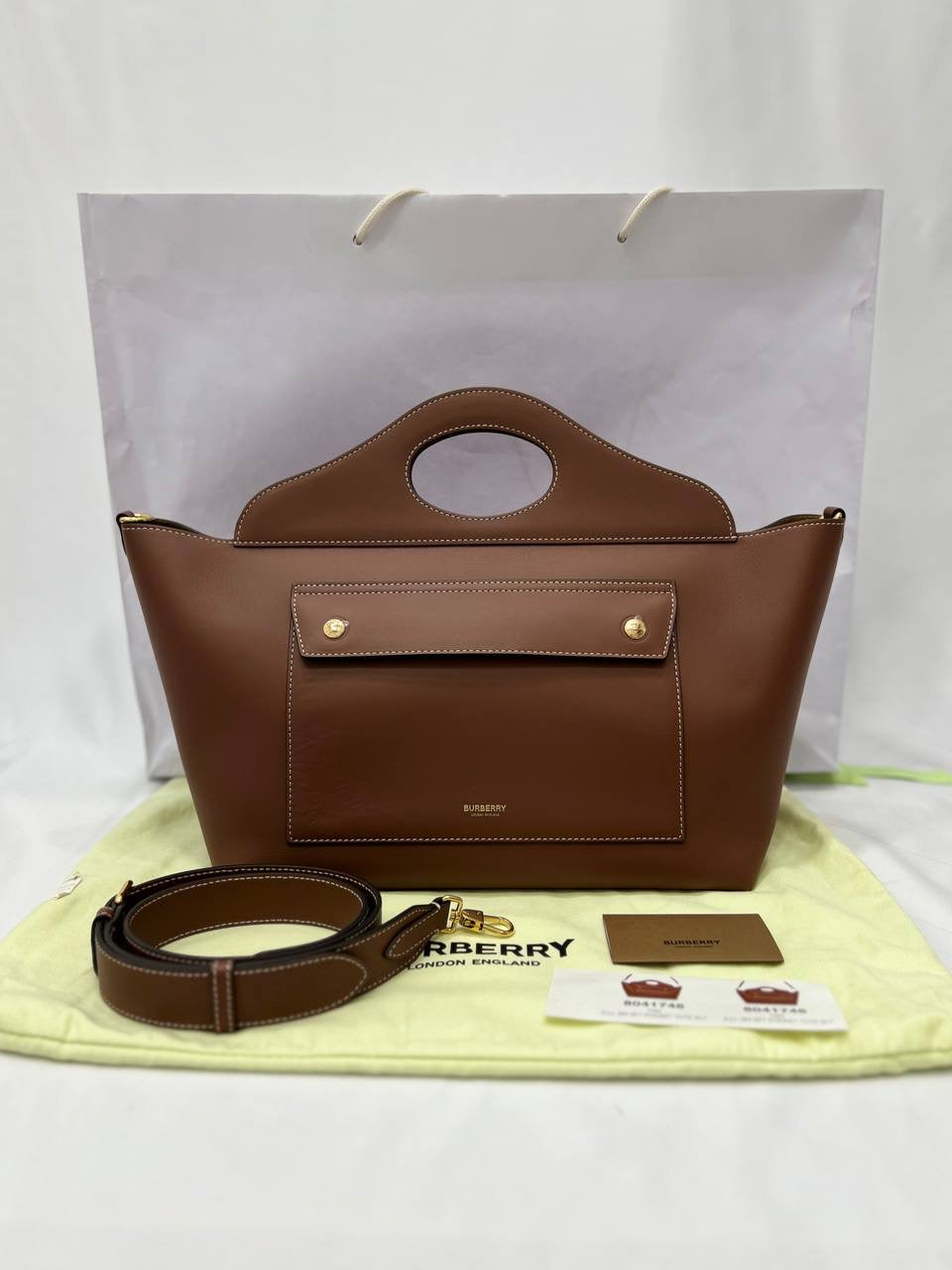 BURBERRY Small Soft Pocket Leather Tote Bag In Brown