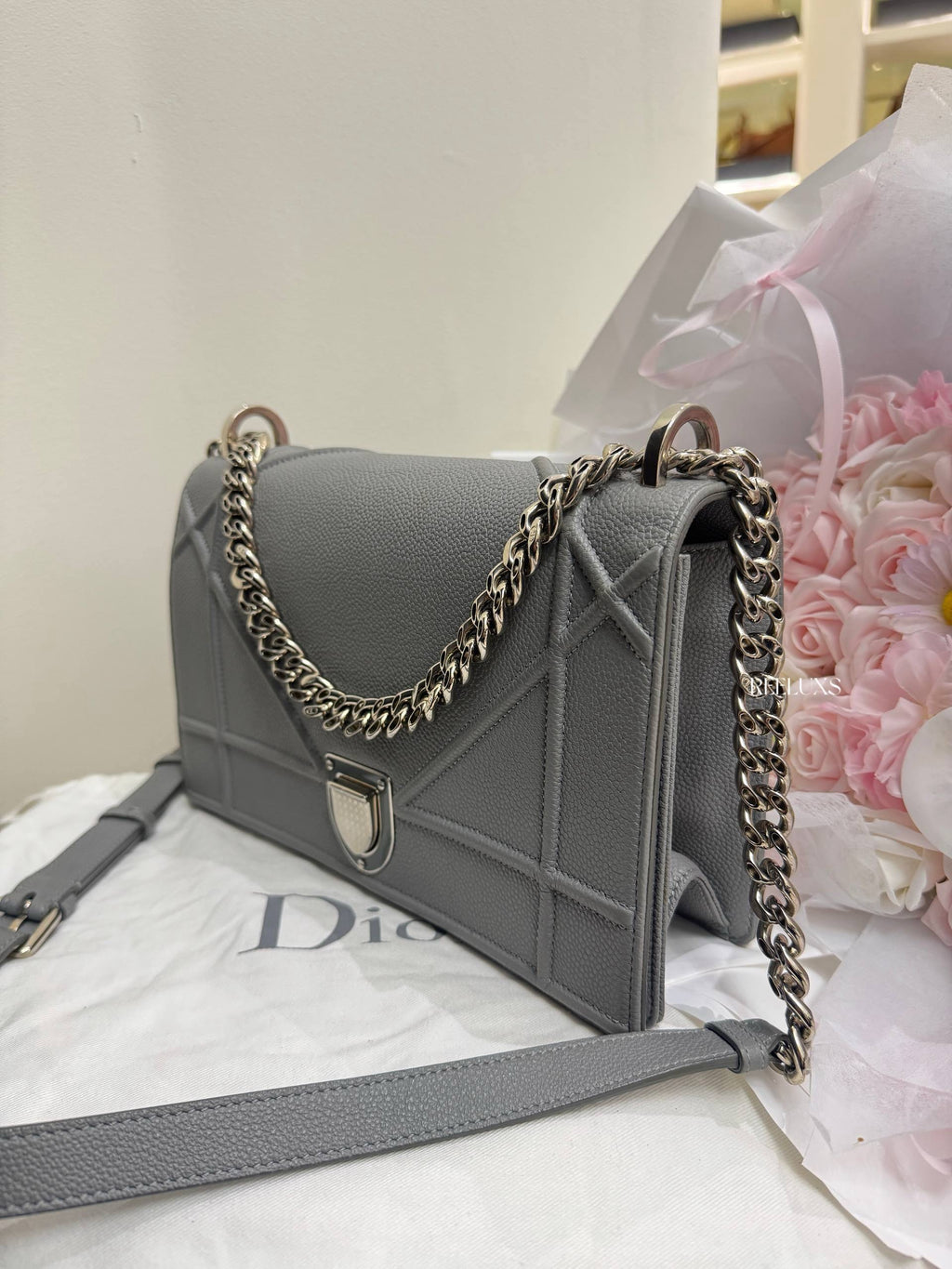 CHRISTIAN DIOR Diorama Flap Bag in Grey Grained Calfskin