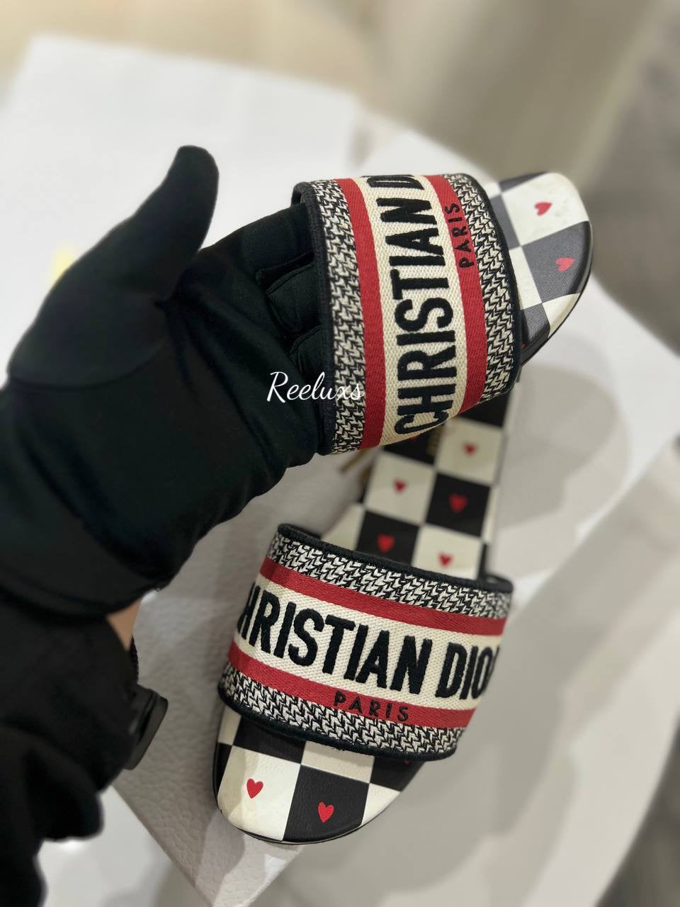 FULL SET  CHIRISTIAN DIOR Women Shoes Dway Dioramour Slide White Black Red D-Chess Heart Embroidered Cotton