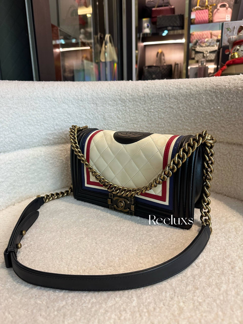 Chanel Boy Coco Mark Chain Shoulder Bag Black Red Blue Cream