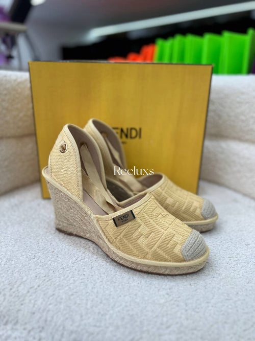 Full Set FENDI Yellow FF Logo Embroidered Fabric Ankle Wrap Espadrille  Flats