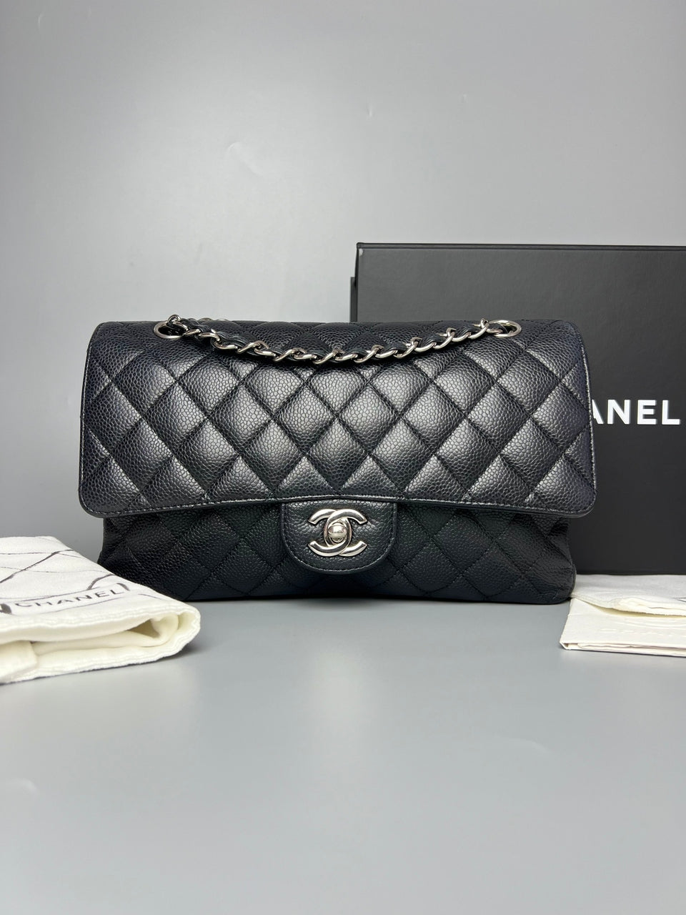 CHANEL Black Caviar Skin Classic Double Flap SHW Shoulder Bag - Reeluxs 