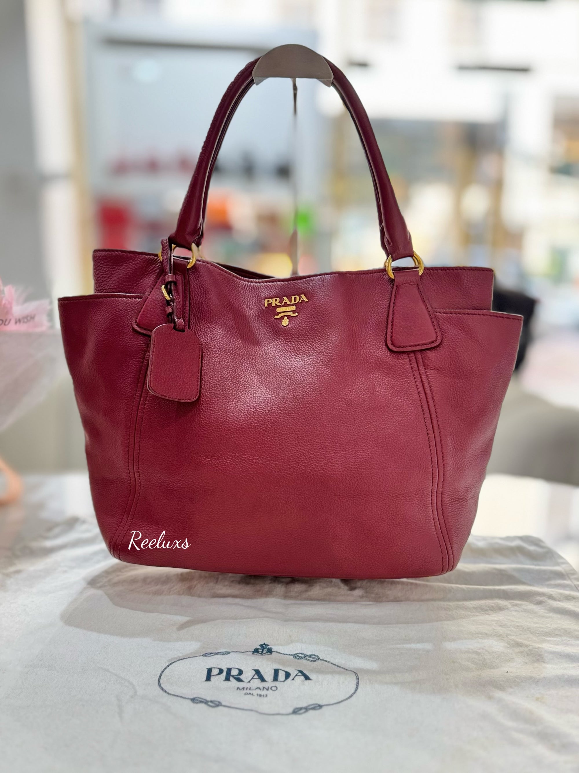 PRADA  Vitello Daino Leather Side Pocket Tote Bag