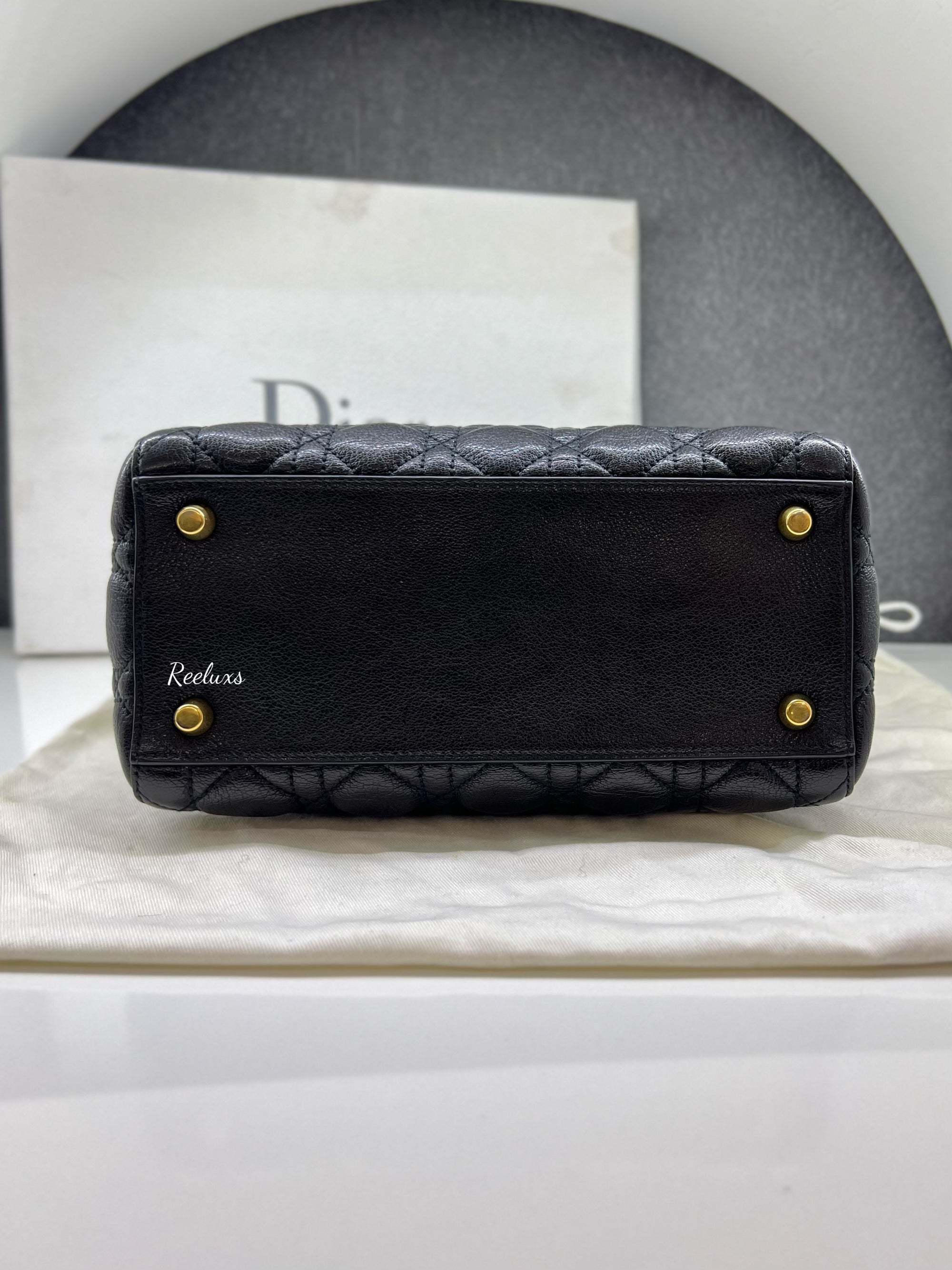 FULLSET CHRISTIAN DIOR Black Glazed Calfskin Small Lady D GHW Handbag