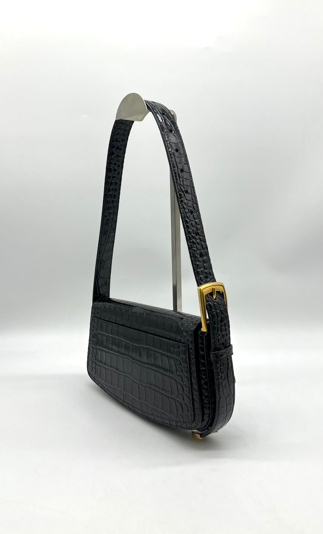 BALENCIAGA Black Crocodile Embossed Leather Ghost Sling Bag - Reeluxs 