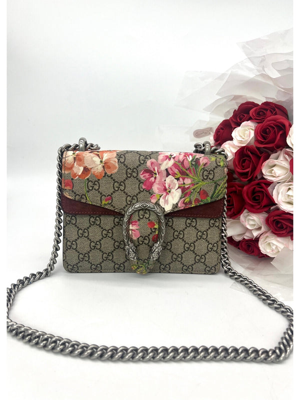 GUCCI Beige GG Supreme Blooms Canvas and Suede Medium Dionysus Shoulder Bag - Reeluxs 