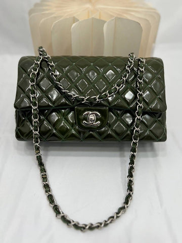 CHANEL Green Quilted Patent Leather Classic Medium Double Flap Bag