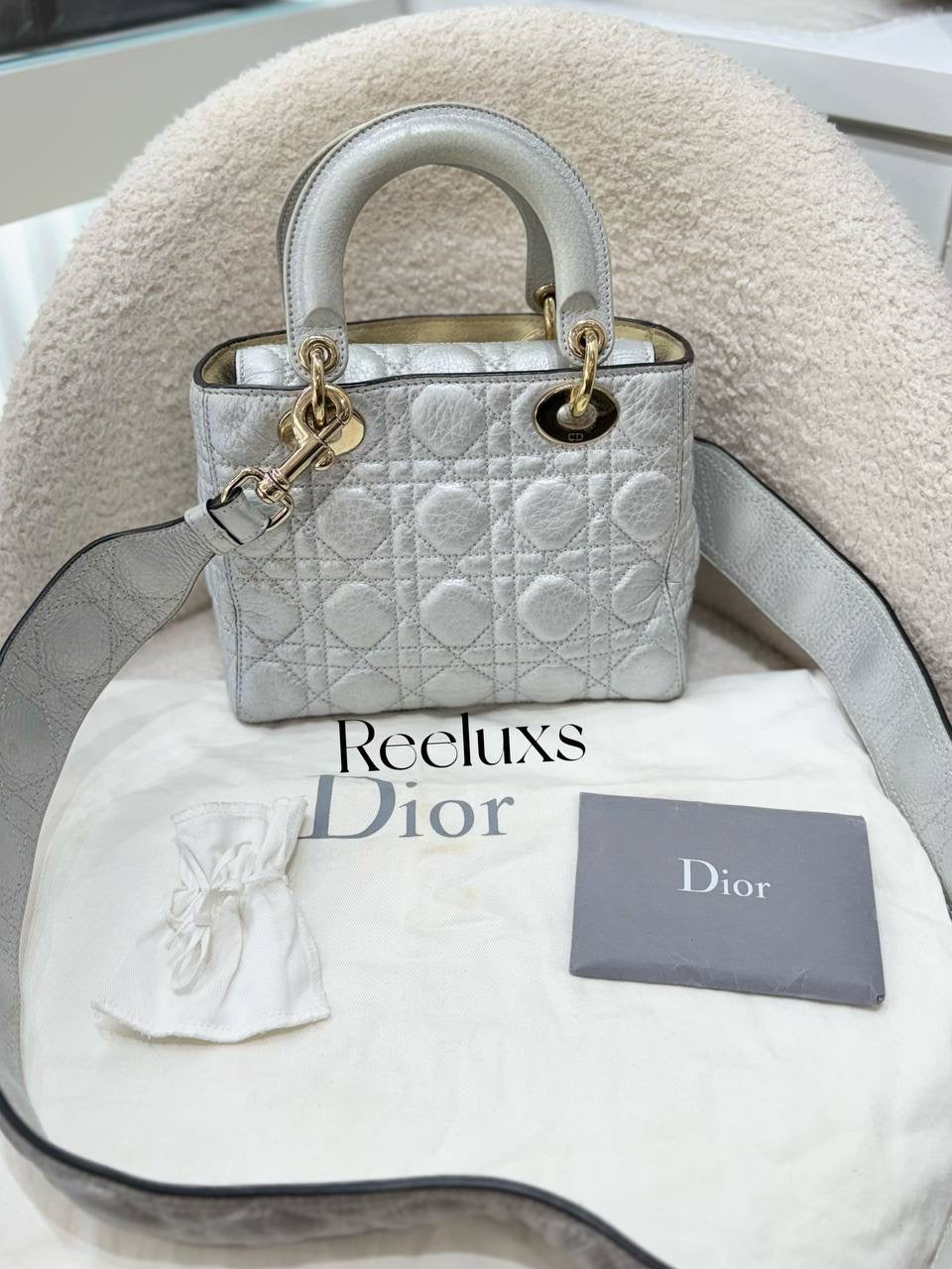 CHRISTIAN DIOR Lady Dior Soft Bag In Silver Leather Handbag - Shoulder Bag