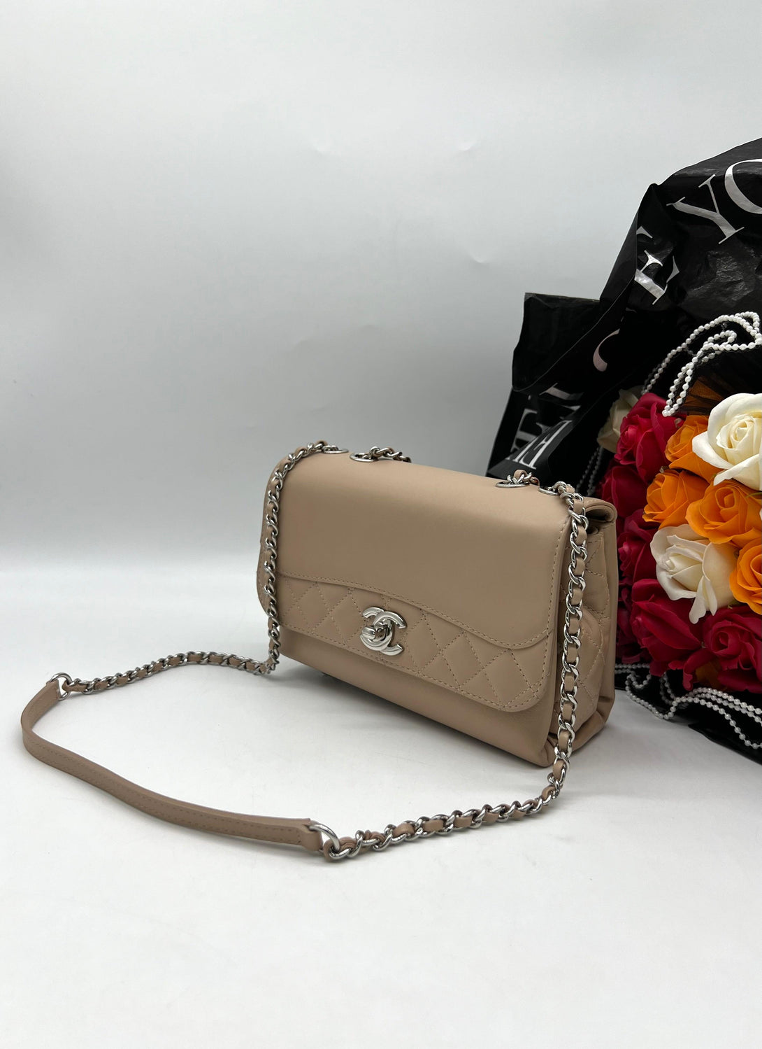 CHANEL Calfskin Small Tramezzo Flap Beige For Lady Sling Bag - Reeluxs 