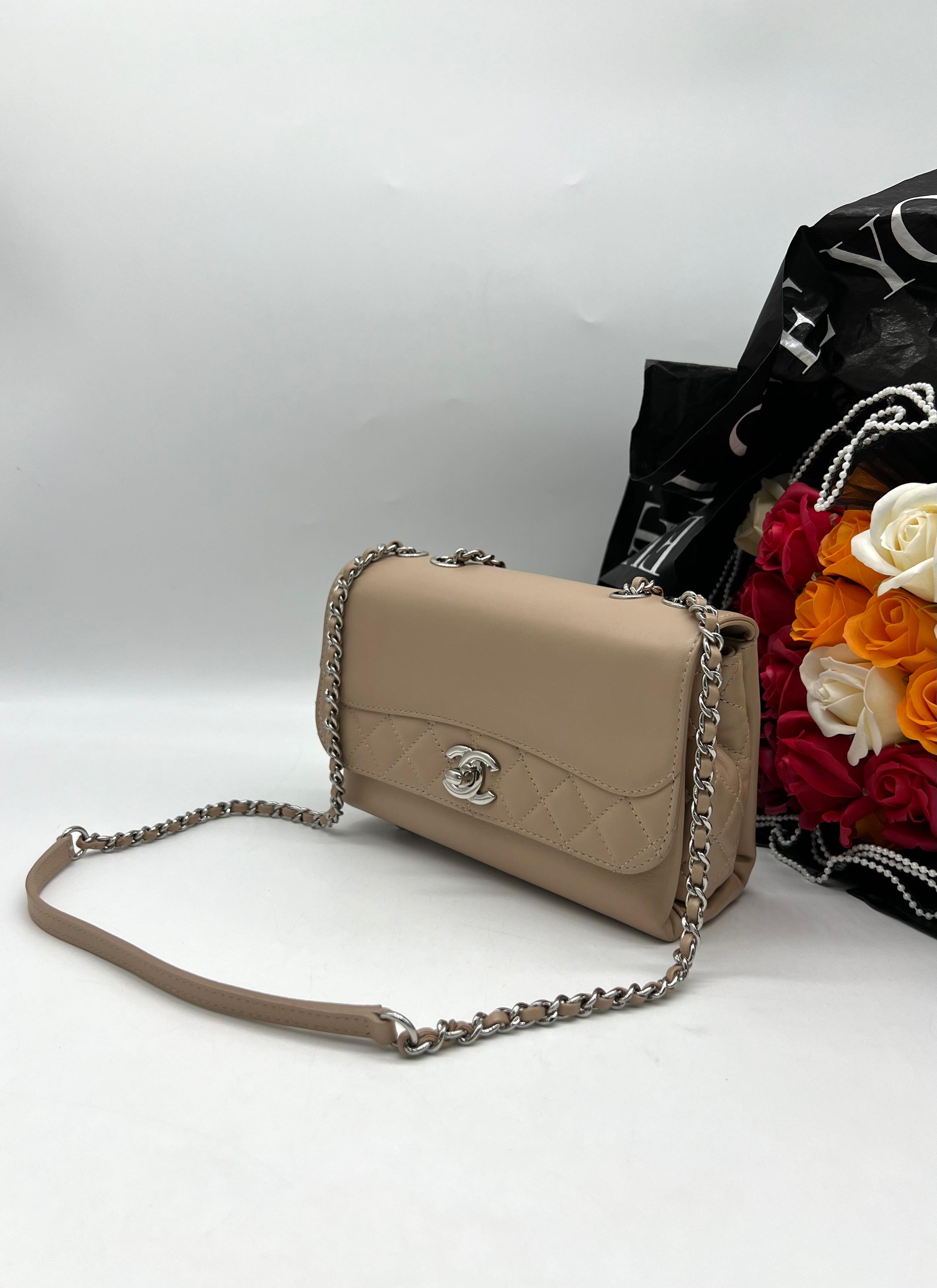 CHANEL Calfskin Small Tramezzo Flap Beige For Lady Sling Bag - Reeluxs 