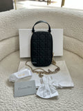 FULLSET CHRISTIAN DIOR Cannage Phone Case Leather Black Chain Shoulder Bag