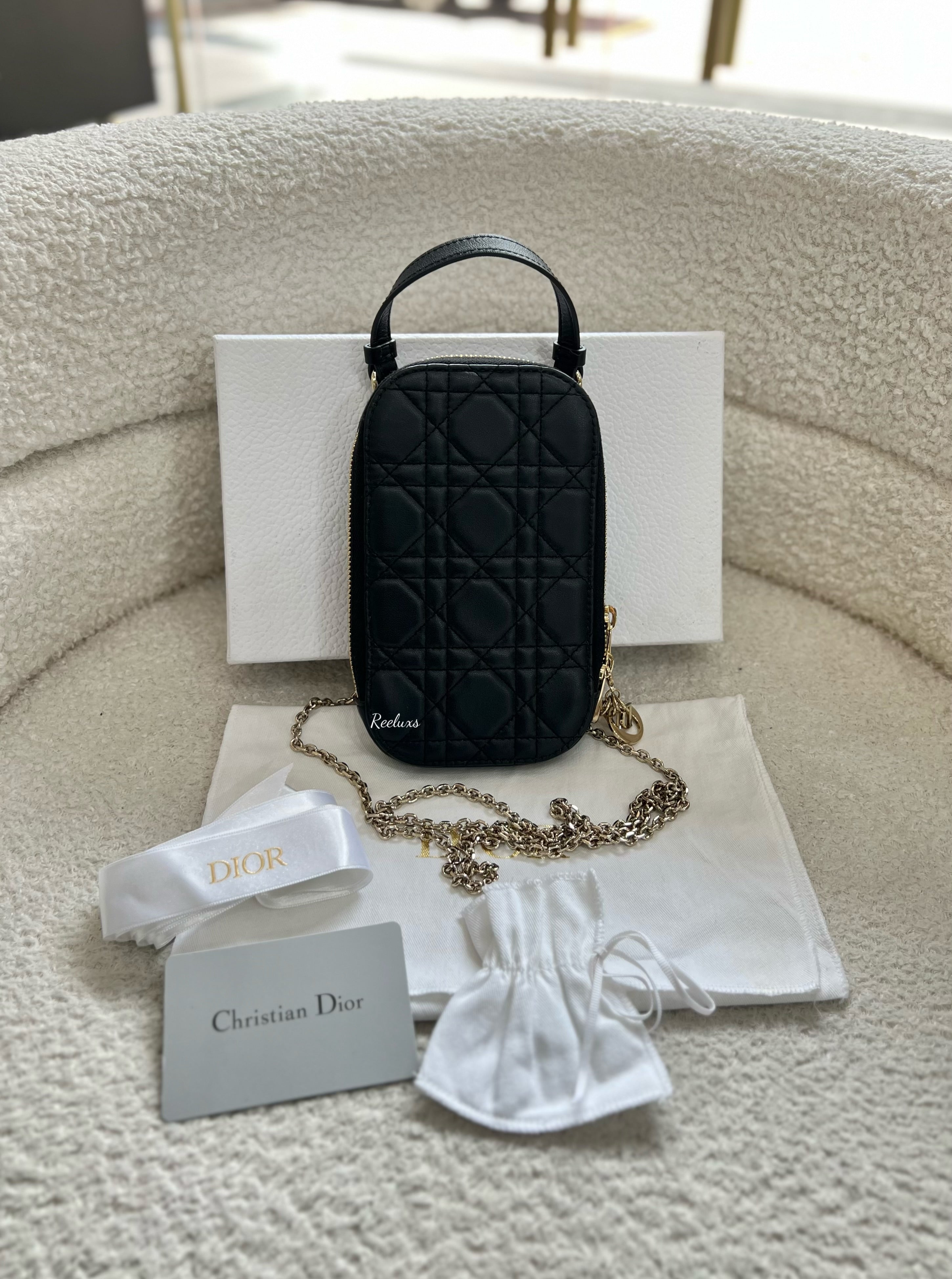FULLSET CHRISTIAN DIOR Cannage Phone Case Leather Black Chain Shoulder Bag
