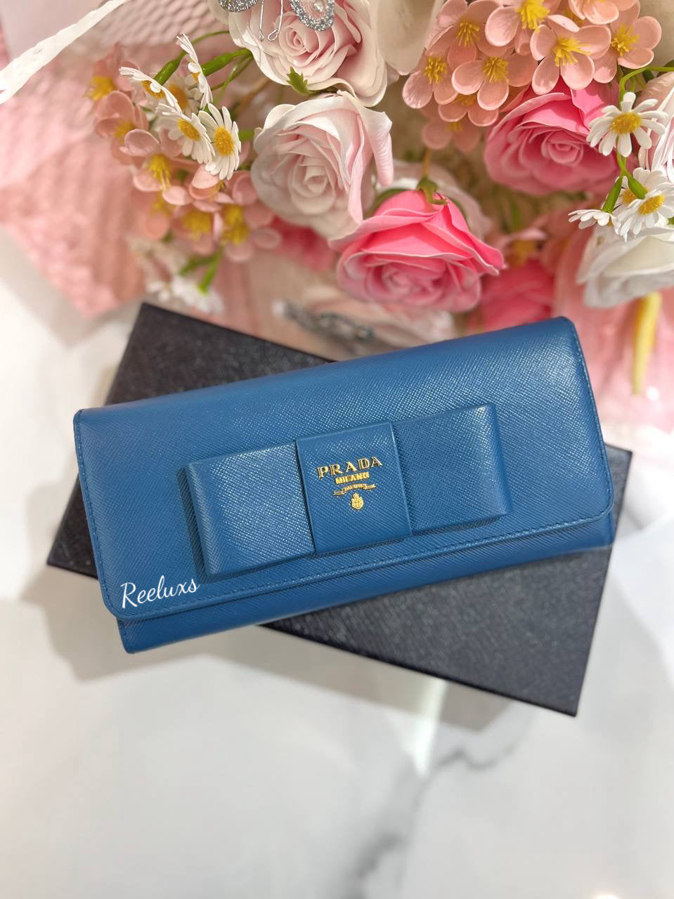 PRADA Saffiano Fiocco Ribbon 1M1132 Women's Saffiano Long Wallet (bi-fold) Bluette