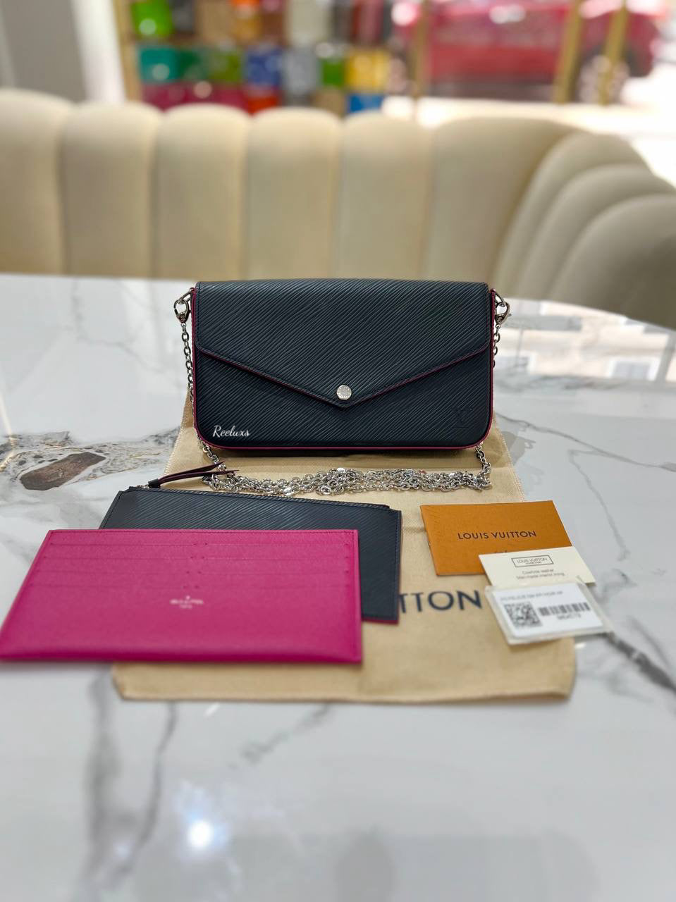 LOUIS VUITTON LV Pochette Felicie&nbsp; Epi Leather Noir Hot Pink Sling Bag