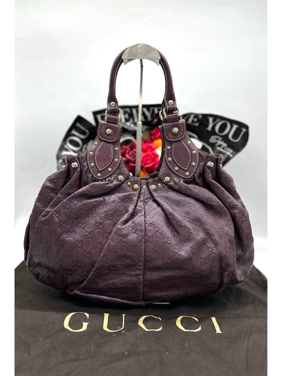 GUCCI Shima Handbag Hobo Bag Dark Brown Leather Studs Italy - Reeluxs 